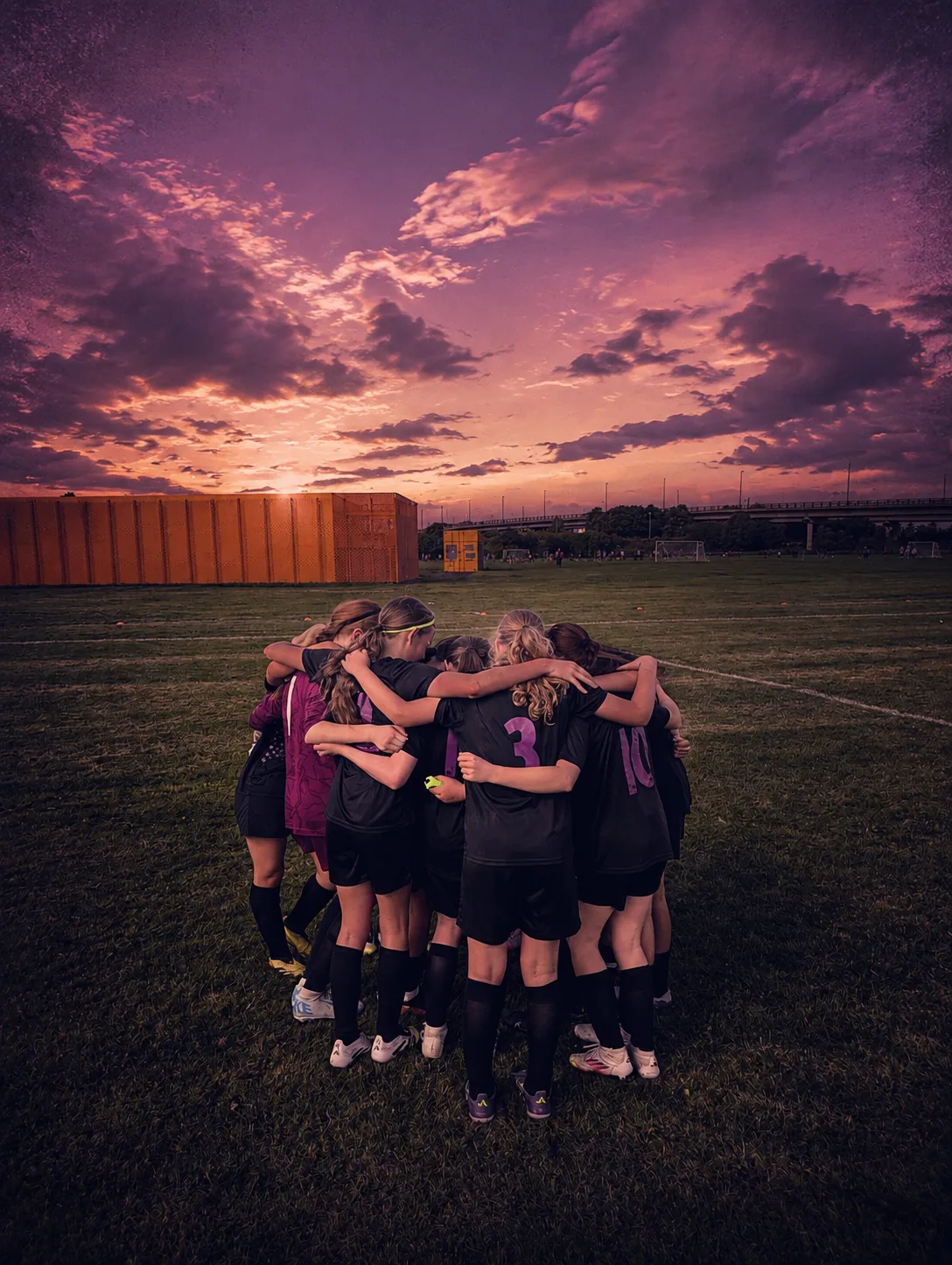 She Can FC players in a pre-match team huddle